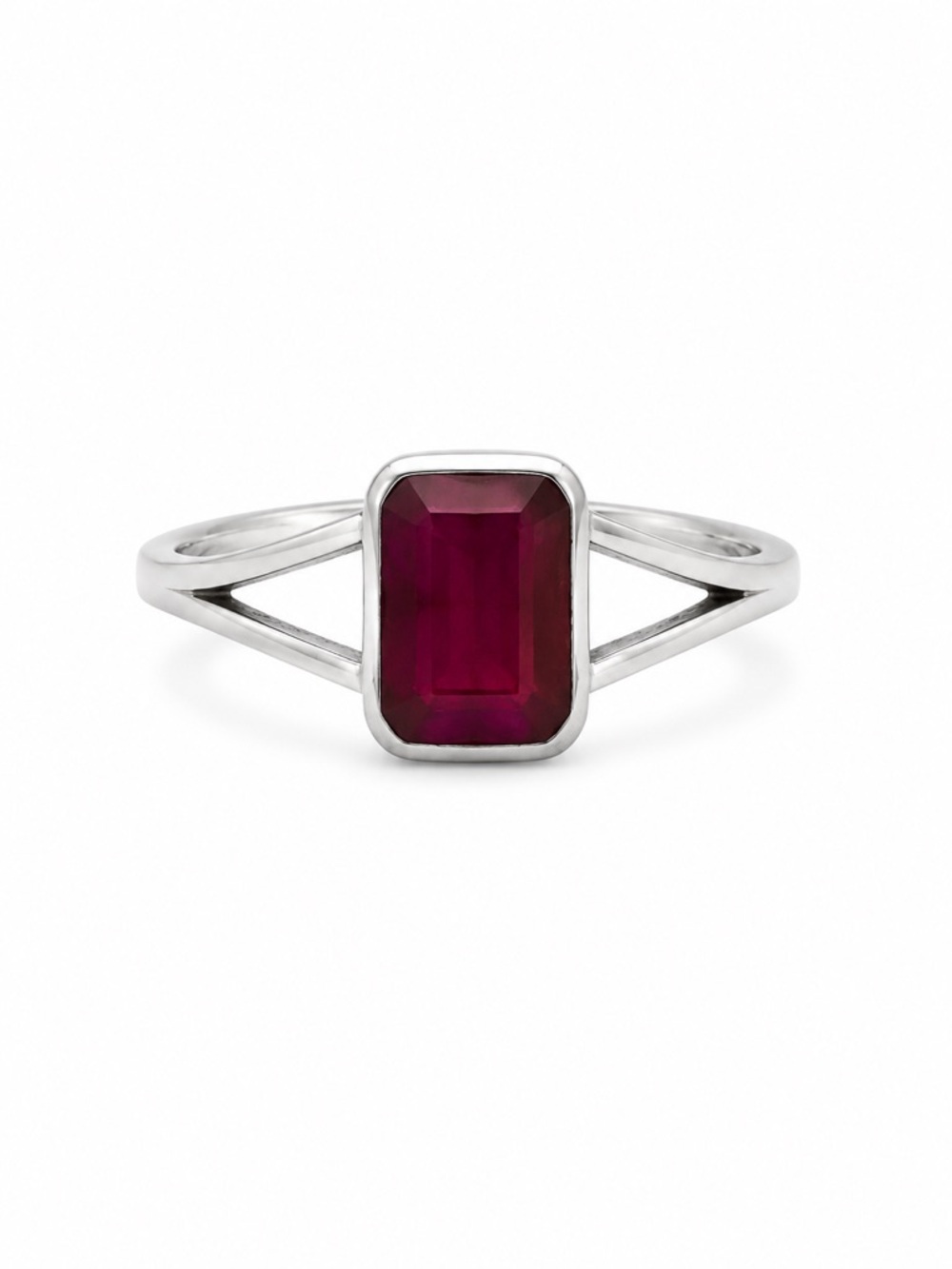Ruby Emerald Cut Split Shank Ring (S925)
